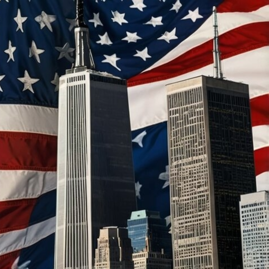 twin towers over a flag