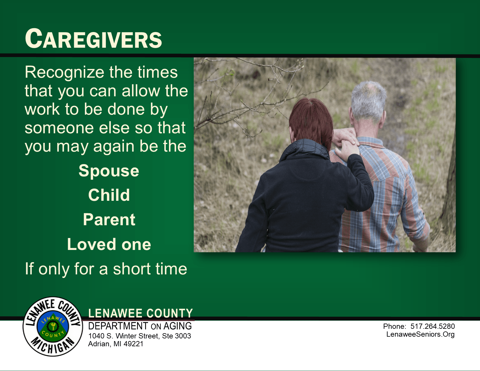 Caregiver back of man & woman walking; her hand is on his shoulder, his hand is on hers