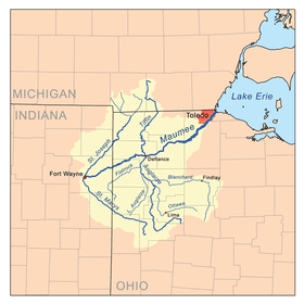 map of the Maumee River basin showing the Bean Creek watershed