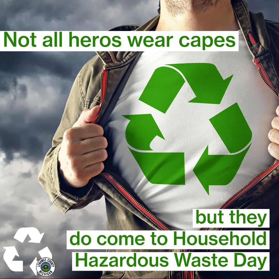 superhero who recycles with words about household hazardous waste day