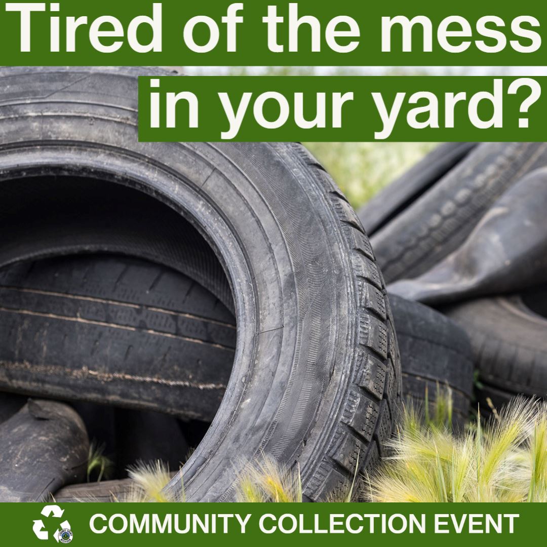 pictures of old tires in yard with message 
