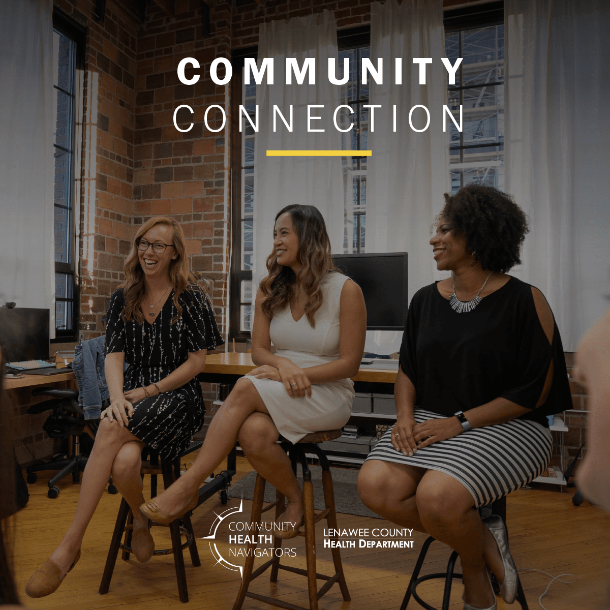 three women talking and laughing with words 
